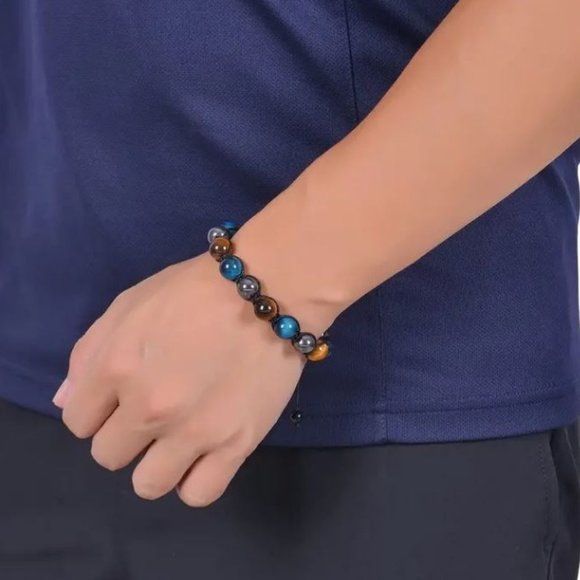 10mm Triple Protection Drawstring Bracelet Hematite Black Agate Tigers Eye Stone - Picture 6 of 9